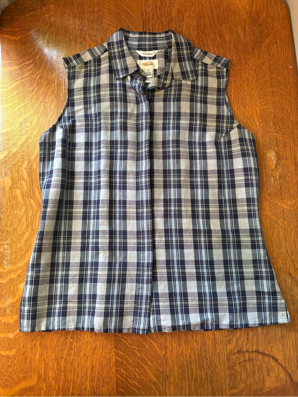 Talbots Navy Blue Beige Gray Plaid Button-Front Shirt Sleeveless Linen-Blend - Picture 11 of 12